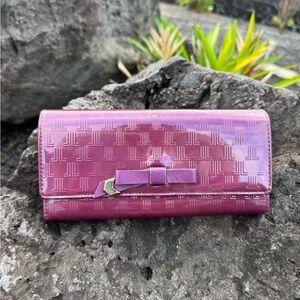 Lanvin Collection Patent Leather Long Wallet Purple Bow Zip Coin Purse